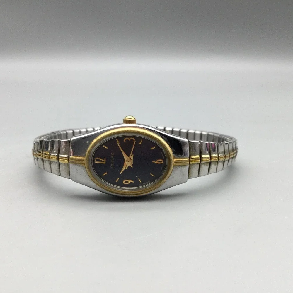 Pulsar Womens Watch 17mm Blue Dial Two Tone Stretch Band 1N01-X057 New Battery
